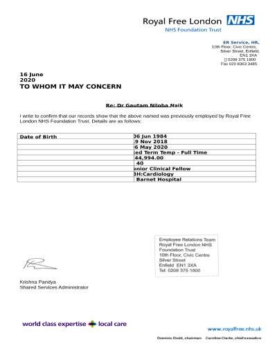 Royal Free Hospital Certificate